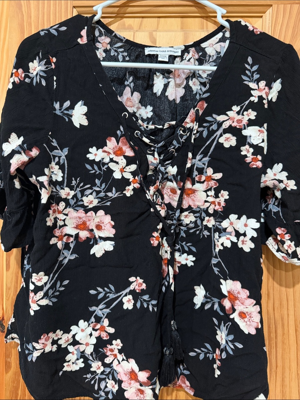 American Eagle Outfitters Black Floral Lace-Up V-Neck Tunic
